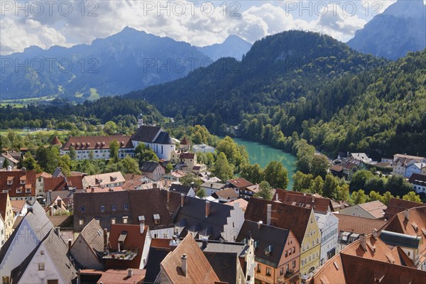 City view from above with Franciscan monastery and river Lech