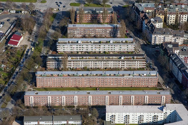 Aerial view of the Wiesendamm row buildings. The terraced housing was built between 1928 and 1931. It was an experimental settlement of the Reichsforschungsgesellschaft fuer Wirtschaftlichkeit im Bauwesen. These buildings were constructed in steel skeleton and reinforced concrete skeleton. Architecture