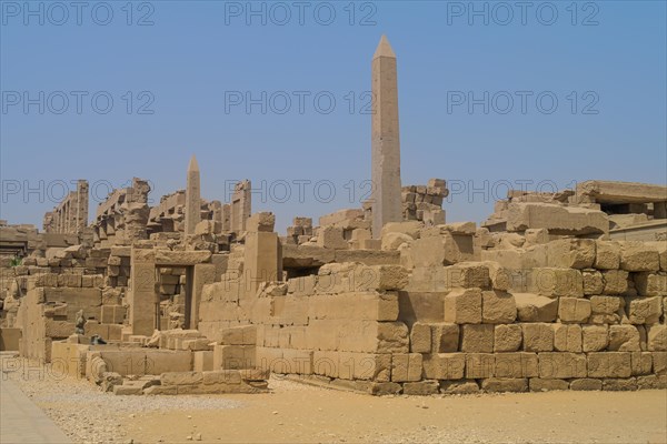 Temple ruins with 2 obelisks in the temple area of Thutmosis III