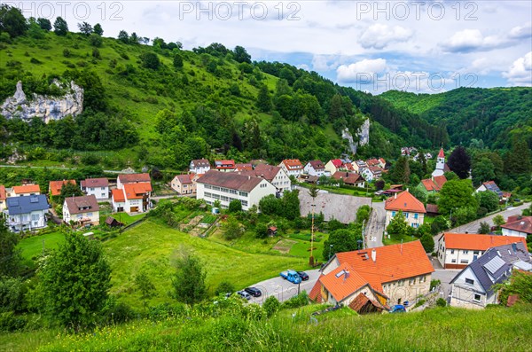 View over the village of Seeburg on the Swabian Alb between Bad Urach and Muensingen