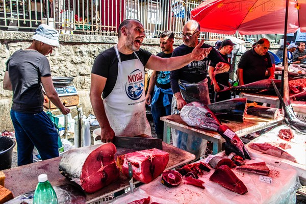 Historic fish market La pescheria with a cornucopia of colourful sea creatures