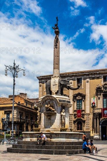 Fountain with Roman elephant statue made of basalt and current landmark of the city in Piazza Duomo