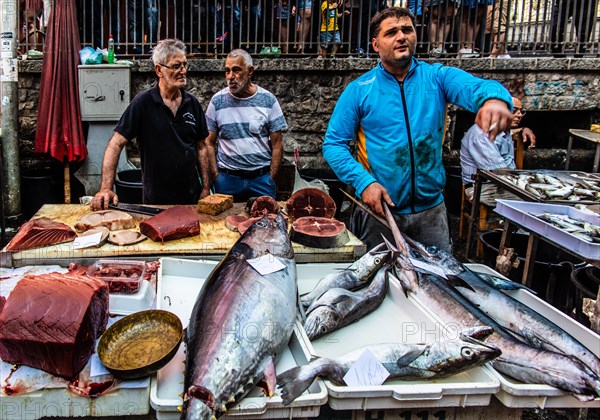 Historic fish market La pescheria with a cornucopia of colourful sea creatures