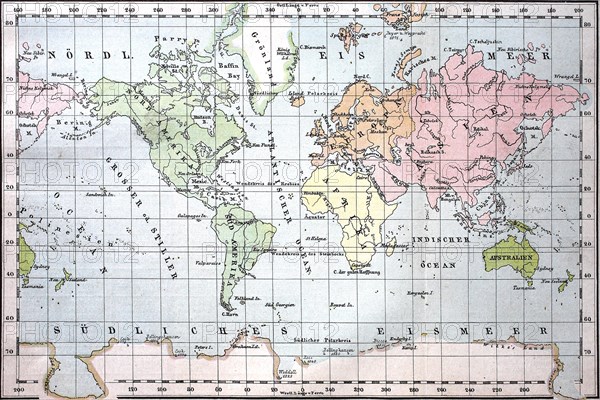 Earth map in Mercator projection from the year 1880