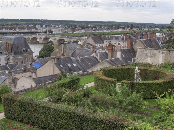 View of Roseraie des jardins de leveche and in the background the city of Blois and the Jacques Gabriel Bridge