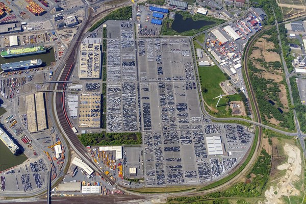 Aerial view of BLG car logistics with connection to rail and port