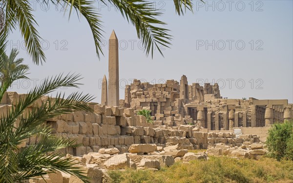 Temple ruins with 2 obelisks in the temple area of Thutmosis III