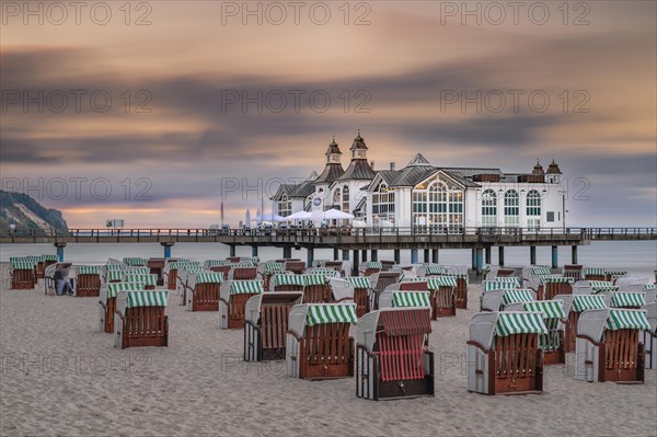 Pier and beach chairs on the beach of Sellin