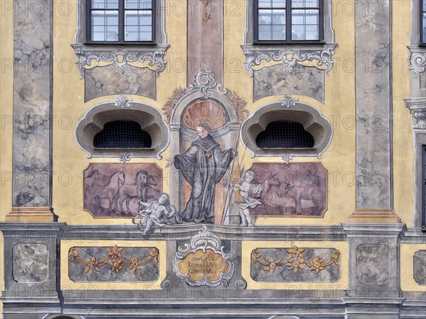 Detail of the painted facade of the former Ursuline Church of the Holy Trinity and Adult Education Centre today