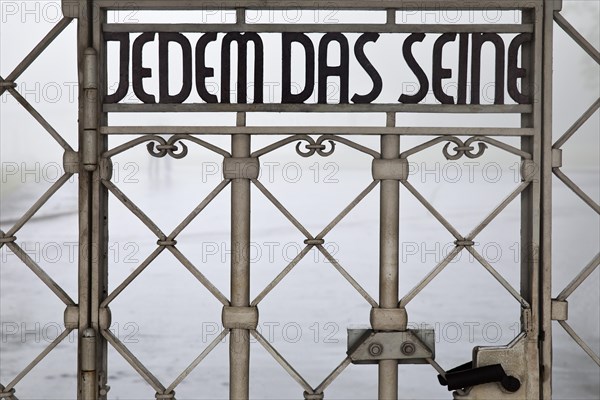 Entrance gate to beech forest concentration camp with the saying Jedem das Seine