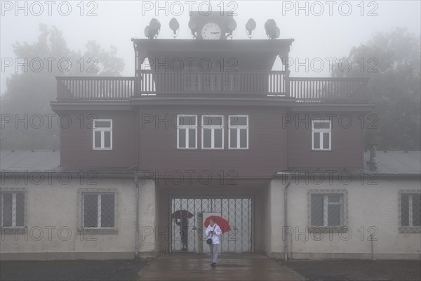 Gate to the beech forest concentration camp in the fog