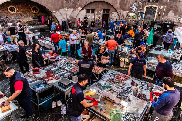 Historic fish market La pescheria with a cornucopia of colourful sea creatures