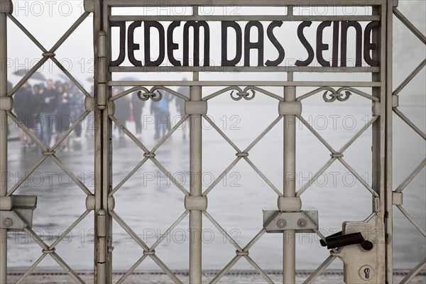 Entrance gate to beech forest concentration camp with the saying Jedem das Seine