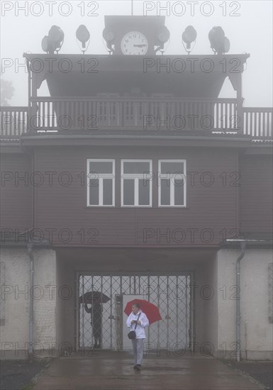 Gate to the beech forest concentration camp in the fog