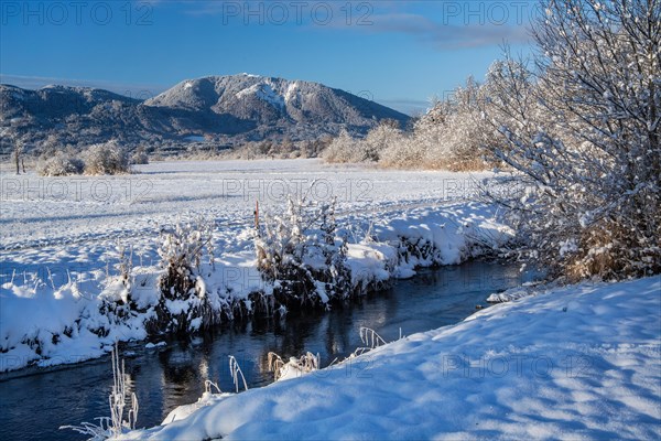 Winter landscape in the Murnauer moss with Hoernle 1548m in the Ammergau Alps