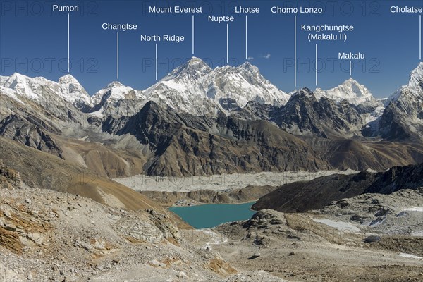 View towards East from the trekking route to Renjo La in Khumbu. Three eight-thousanders: Mount Everest