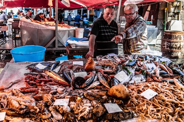 Historic fish market La pescheria with a cornucopia of colourful sea creatures