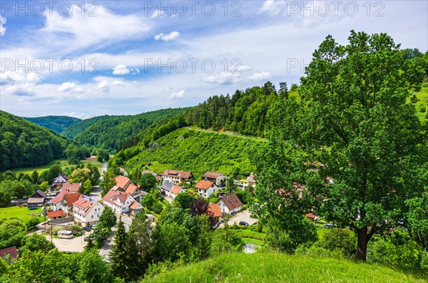 View over the village of Seeburg on the Swabian Alb between Bad Urach and Muensingen