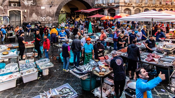 Historic fish market La pescheria with a cornucopia of colourful sea creatures