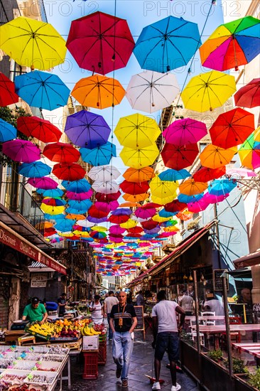 Coloured umbrellas as a roof at the historic fish market La pescheria with a plethora of colourful sea creatures