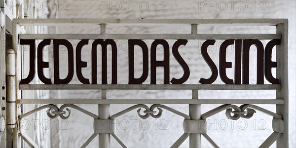 Entrance gate to beech forest concentration camp with the saying Jedem das Seine