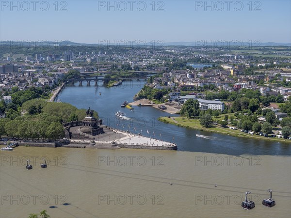 Deutsches Eck with Kaiser Wilhelm I monument and cable car cabins at the confluence of the Moselle and Rhine