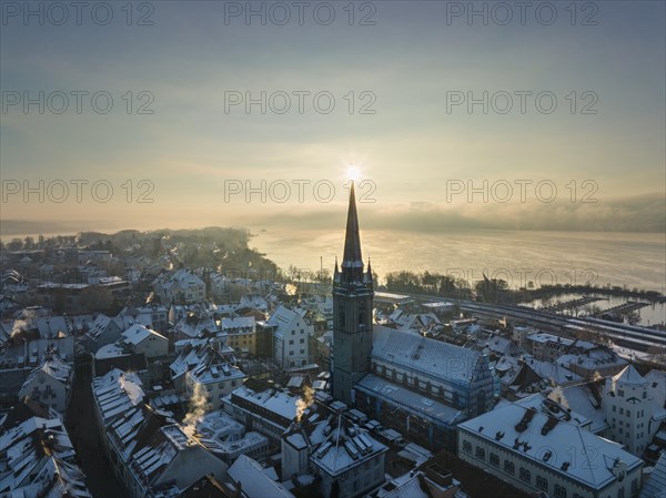 Aerial view of the town of Radolfzell on Lake Constance in winter with the Radolfzell Minster District of Constance