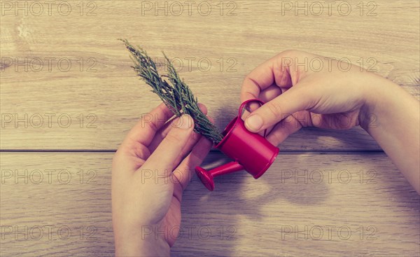 Little red watering can with leaves in hand