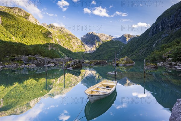 Glacial lake Bondhusvatnet with rowing boat