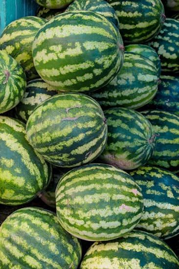 Dozens of watermelons in a Turkish street bazaar in display