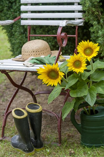 Garden chair with straw hat