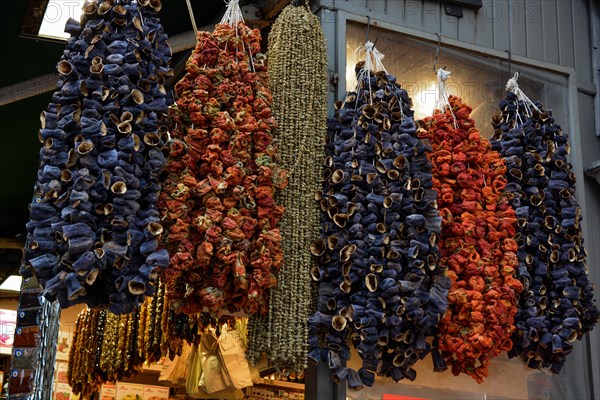 Dried peppers and aubergines and colourful spices in the Spice Market