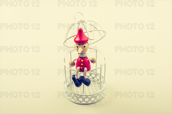 Metal cage and Little puppet pinocchio made of wood