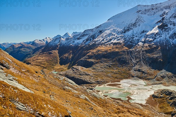 Snowy Mountains with Pasterze on a sunny day at Hochalpenstrasse