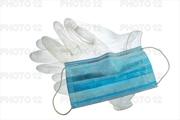 Disposable clear plastic gloves and facemask