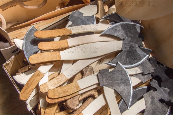 Steel axes with wooden handle in the view