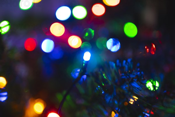 Glowing colorful christmas lights on tree