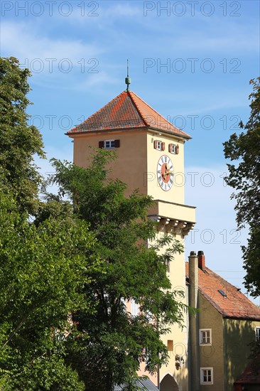 The Danube Gate with historical clock of the town of Kelheim between the Altmuehl and Main rivers. Kelheim