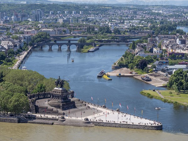 Deutsches Eck with Kaiser Wilhelm I monument and cable car cabins at the confluence of the Moselle and Rhine