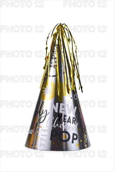 Silver new year party hat with golden tassel on white background