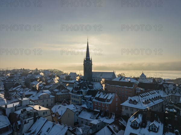 Aerial view of the town of Radolfzell on Lake Constance in winter with the Radolfzell Minster District of Constance