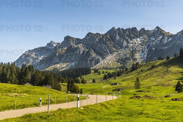 Pass road to Schwaegalp with view of the Alpstein massif and the Saentis