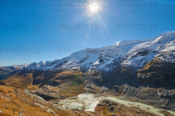 Snowy Mountains with Pasterze on a sunny day at Hochalpenstrasse