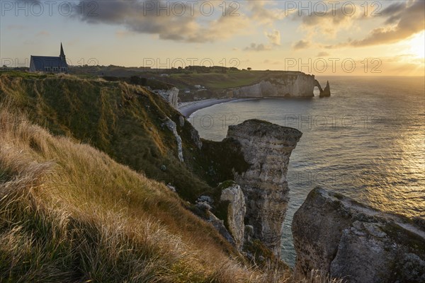 View of Etretat with Chapelle Notre-Dame de la Garde