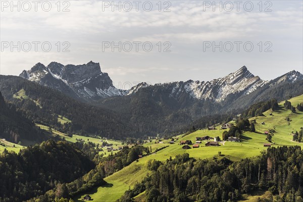 Landscape in Toggenburg with view of the mountains Mattstock