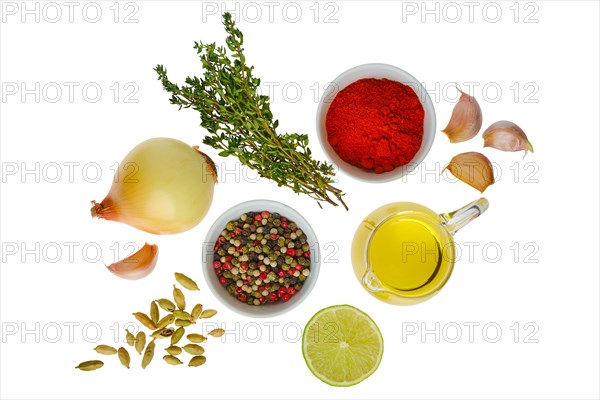 All purpose spice and herbs. Condiments isolated on white background