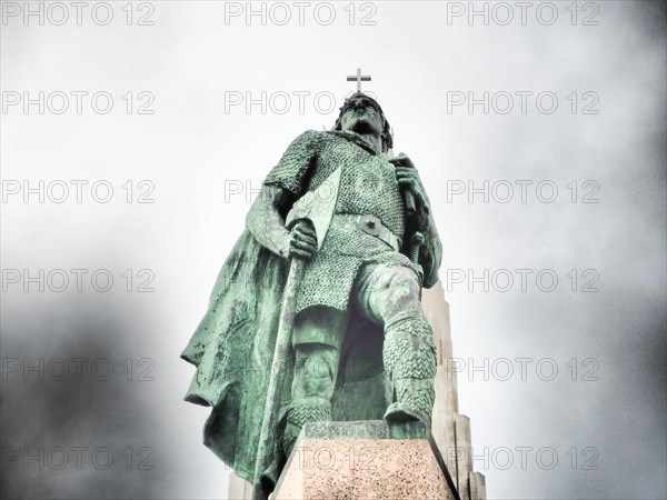Statue of the first explorer of America Leifur Eiriksson in front of Hallgrimskirkja