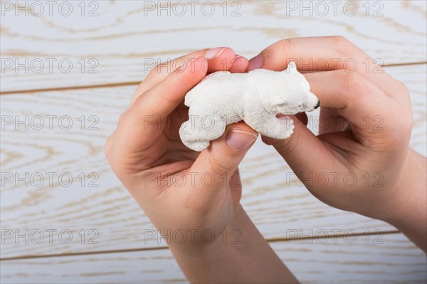 Hand holding a Polar bear model on a wooden background