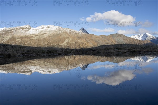 Reflection and view of the mountains at the Bernina Pass