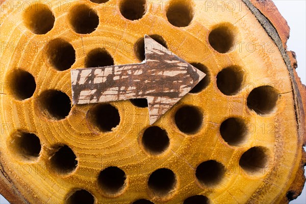 Arrow cut out of brown paper on wooden log